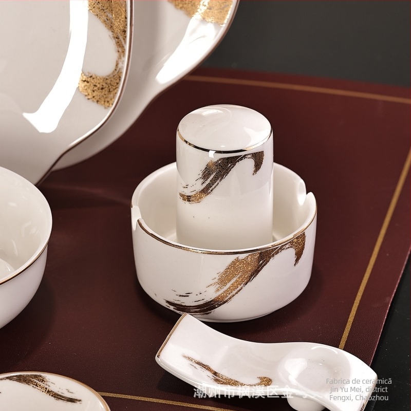 Set de veselă hotelier din bone china (>36% conținut de oase), stil lux ușor, personalizare disponibilă, imprimare logo, categorie: set masă hotelier