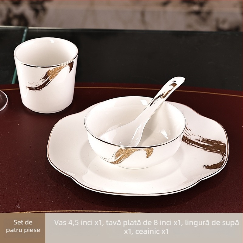 Set de veselă hotelier din bone china (>36% conținut de oase), stil lux ușor, personalizare disponibilă, imprimare logo, categorie: set masă hotelier
