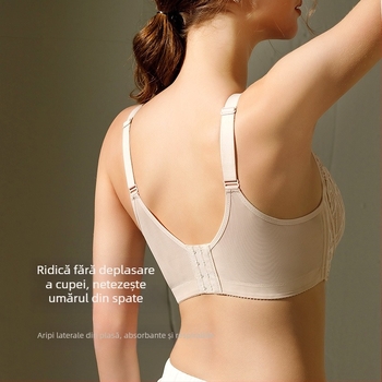 Sutien din nylon cu cupă completă, cupe fără formă, bretele fixe duble și închizătoare pe spate cu patru rânduri pentru susținere și conturare laterală