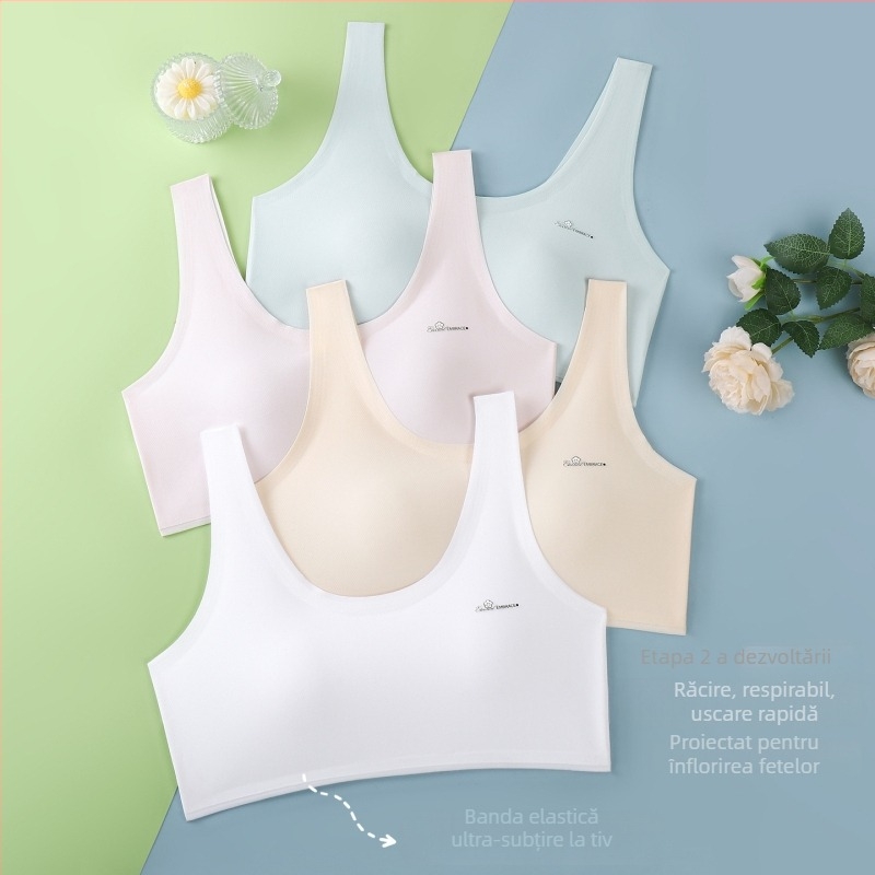 Sutien pentru adolescente: cupe cu acoperire completă, formă turnată subțire, material nailon, bretele fixe, respirabil
