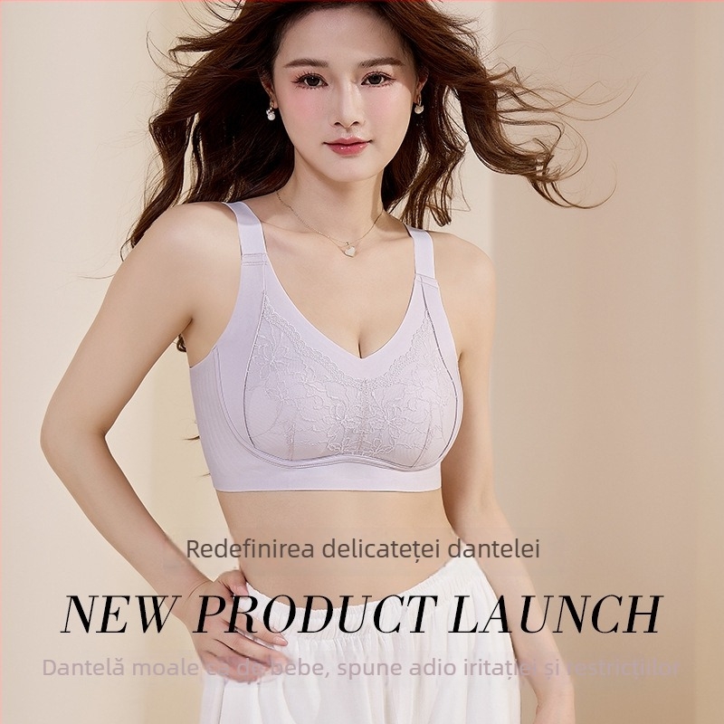 Sutien fără cusături din dantelă, cupe cu formă de urechi de iepure, cupe turnate ultra-subțiri, design pentru modestie, bretele fixe, închidere spate cu patru rânduri de cârlige