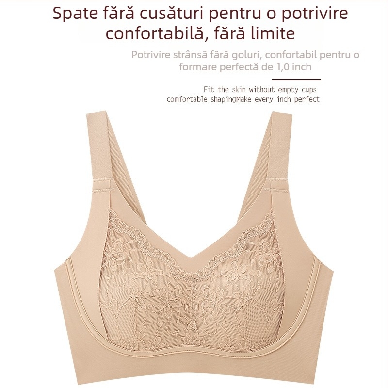 Sutien fără cusături din dantelă, cupe cu formă de urechi de iepure, cupe turnate ultra-subțiri, design pentru modestie, bretele fixe, închidere spate cu patru rânduri de cârlige