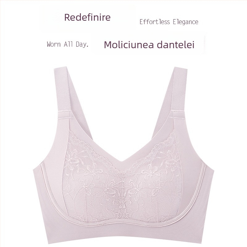 Sutien fără cusături din dantelă, cupe cu formă de urechi de iepure, cupe turnate ultra-subțiri, design pentru modestie, bretele fixe, închidere spate cu patru rânduri de cârlige