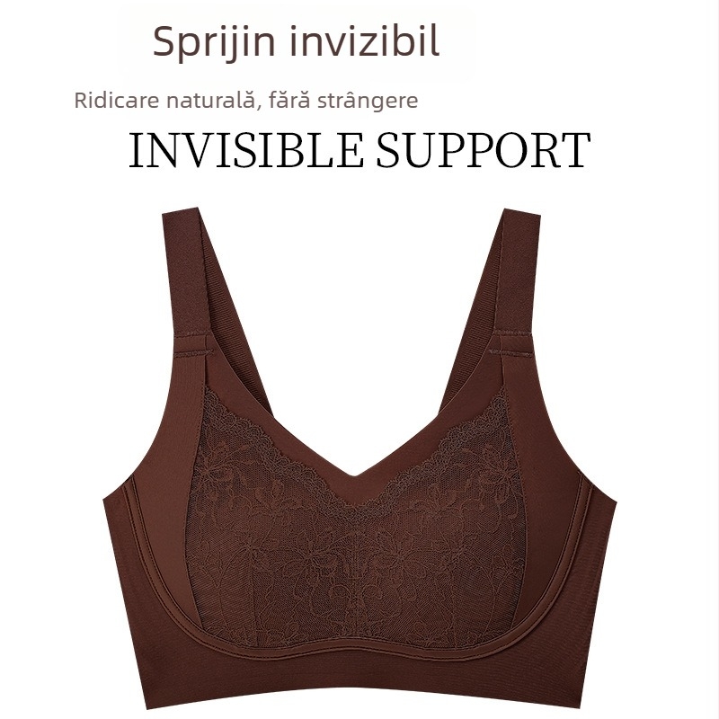 Sutien fără cusături din dantelă, cupe cu formă de urechi de iepure, cupe turnate ultra-subțiri, design pentru modestie, bretele fixe, închidere spate cu patru rânduri de cârlige