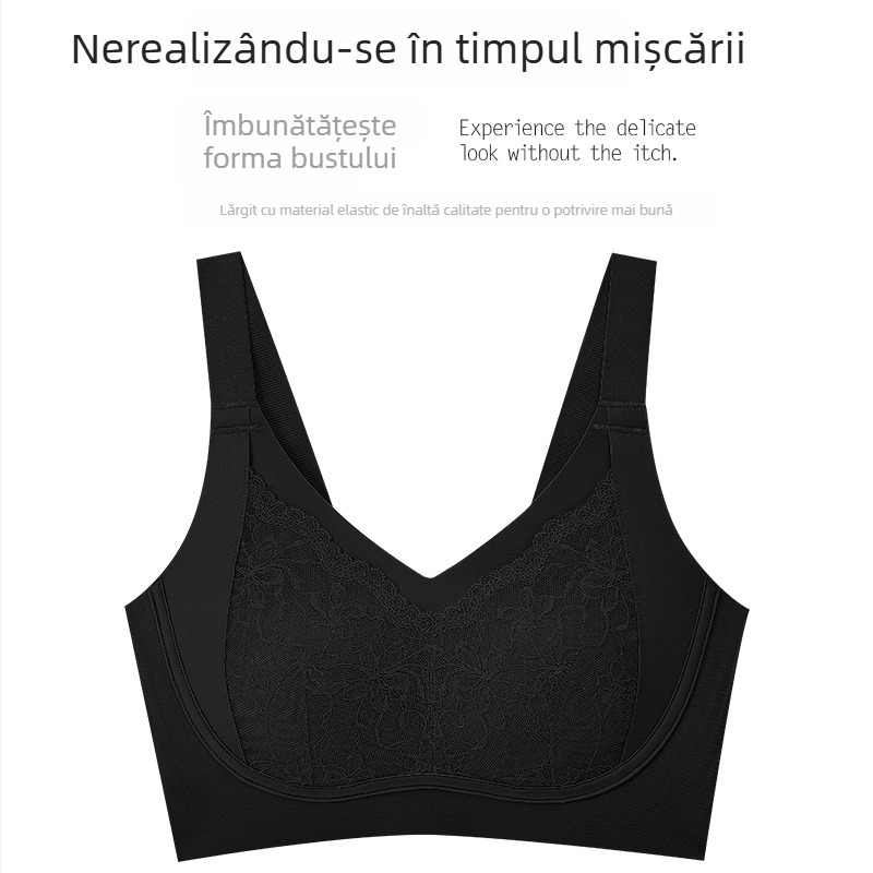Sutien fără cusături din dantelă, cupe cu formă de urechi de iepure, cupe turnate ultra-subțiri, design pentru modestie, bretele fixe, închidere spate cu patru rânduri de cârlige