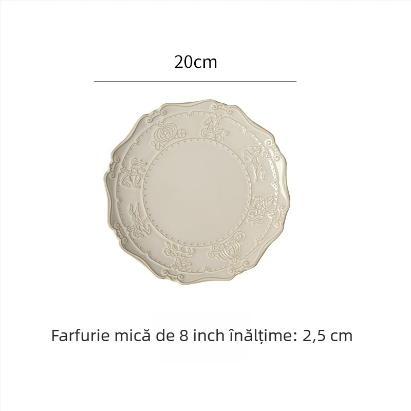 Set franțuzesc de porțelan pentru masă – farfurii reliefate, stil european, design retro, suprafață glazurată la cuptor, compatibil cu microunde
