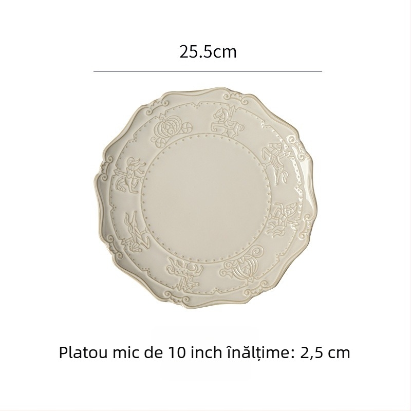 Set franțuzesc de porțelan pentru masă – farfurii reliefate, stil european, design retro, suprafață glazurată la cuptor, compatibil cu microunde