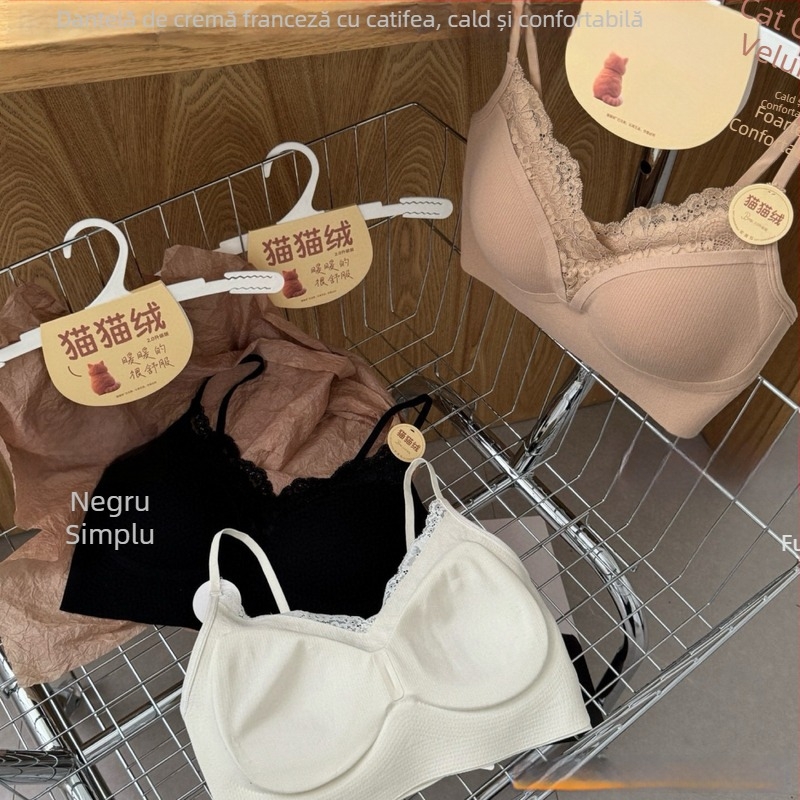 Top bustier cu înfășurare a pieptului, cupă fixă, cupă medie, material fleece de pisică, spate frumos