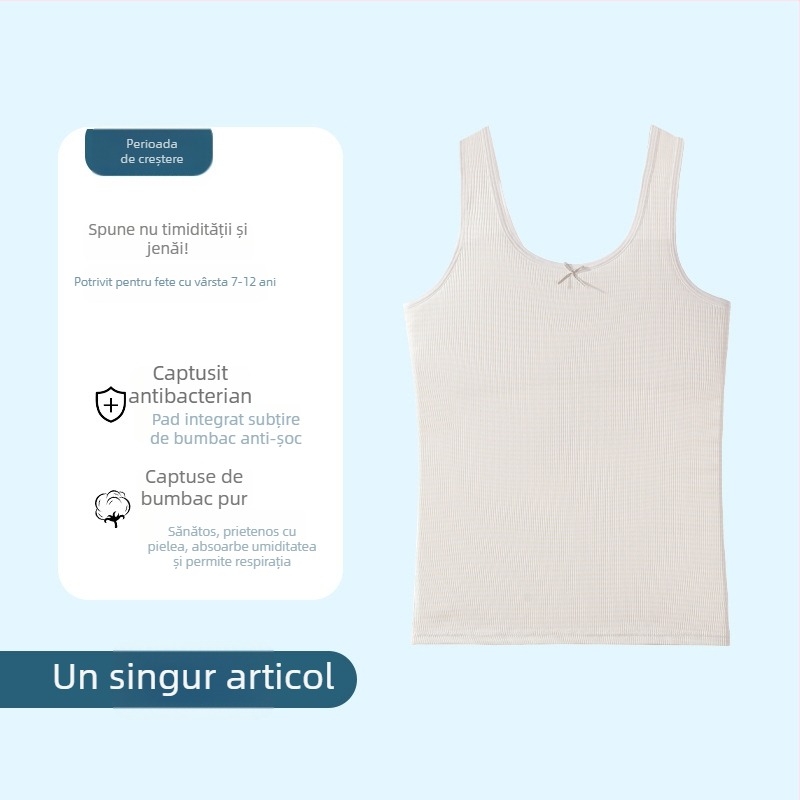 Camisolă-vest pentru fete, din țesătură ice silk, căptușeală din bumbac 90–95%, cupă completă cu formate subțiri, bretele fixe duble, respirabilă și confortabilă.