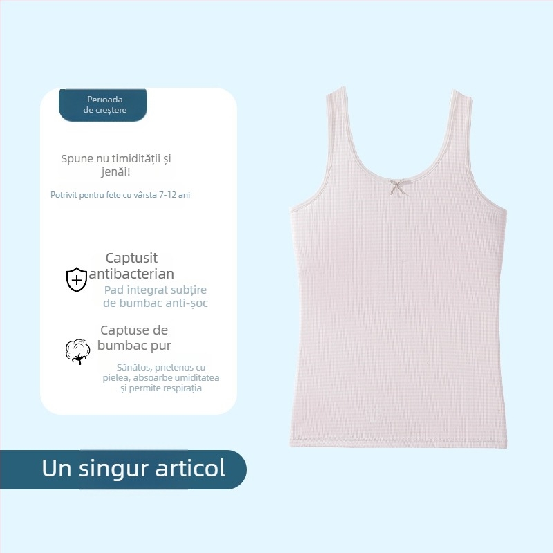 Camisolă-vest pentru fete, din țesătură ice silk, căptușeală din bumbac 90–95%, cupă completă cu formate subțiri, bretele fixe duble, respirabilă și confortabilă.