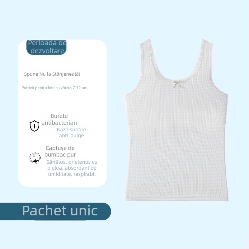 Camisolă-vest pentru fete, din țesătură ice silk, căptușeală din bumbac 90–95%, cupă completă cu formate subțiri, bretele fixe duble, respirabilă și confortabilă.