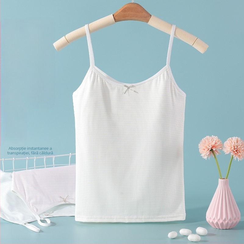 Camisolă pentru fete — material Ice Silk; material principal 90-95% poliester; căptușeală din bumbac 90-95%; cupe fără formă, cu țesătură din bumbac; bretele fixe în dublu; respirabilă, absorbantă de transpirație, confortabilă; pentru vârsta 9-13 ani