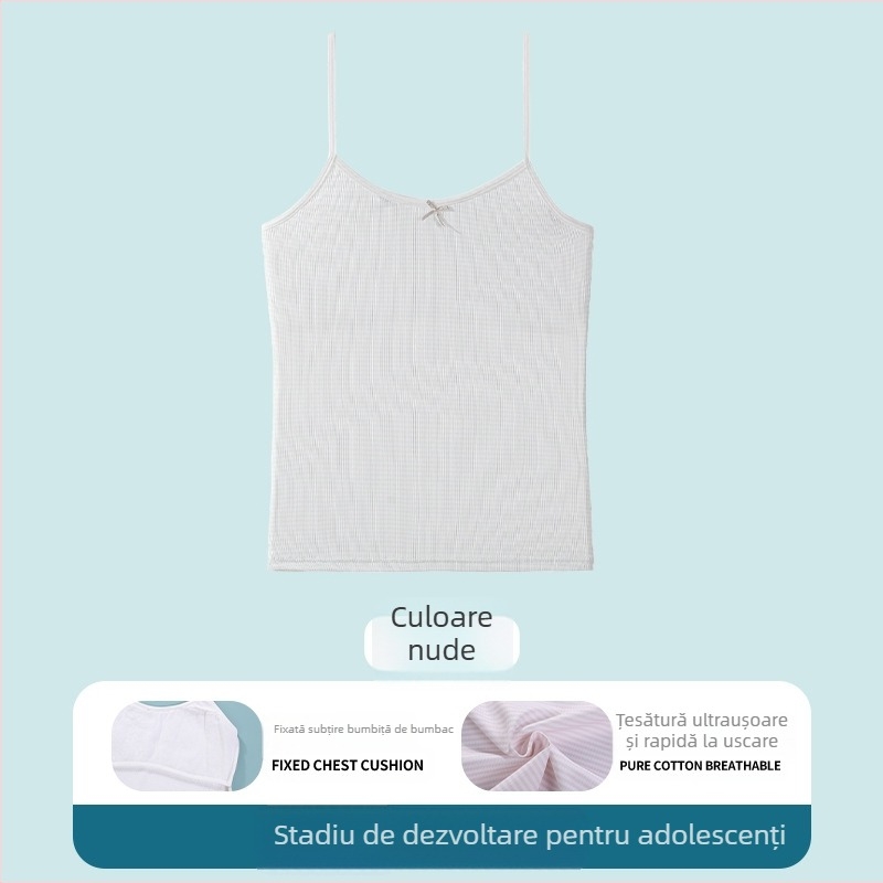 Camisolă pentru fete — material Ice Silk; material principal 90-95% poliester; căptușeală din bumbac 90-95%; cupe fără formă, cu țesătură din bumbac; bretele fixe în dublu; respirabilă, absorbantă de transpirație, confortabilă; pentru vârsta 9-13 ani