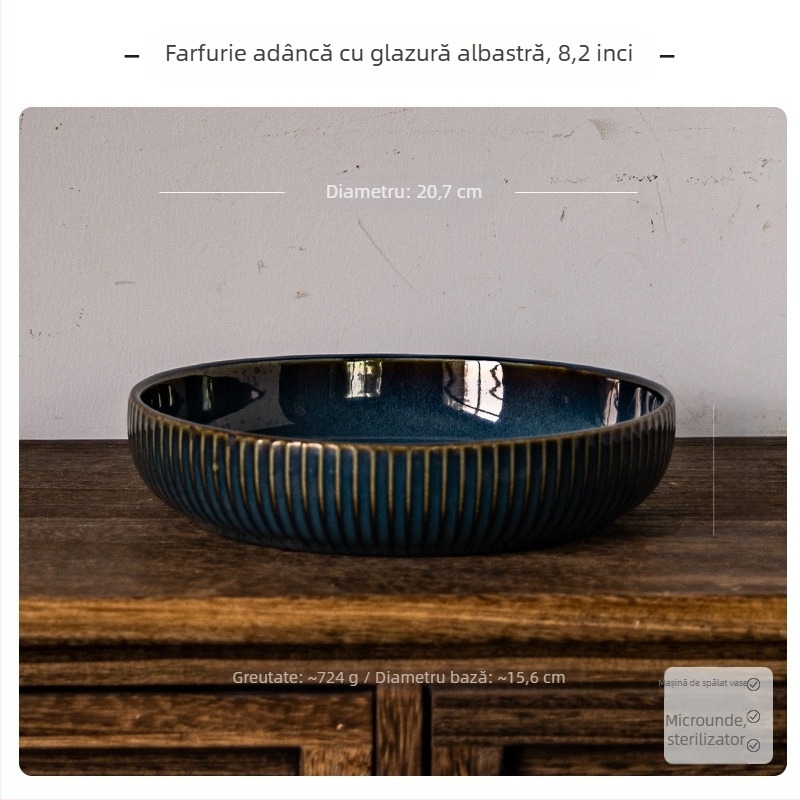 Farfurie adâncă din porțelan, rotundă, stil retro, potrivită pentru microunde, suprafață glazată