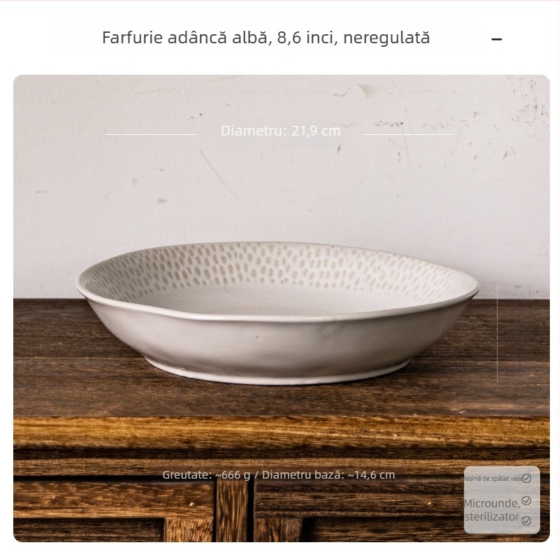 Farfurie adâncă din porțelan, rotundă, stil retro, potrivită pentru microunde, suprafață glazată
