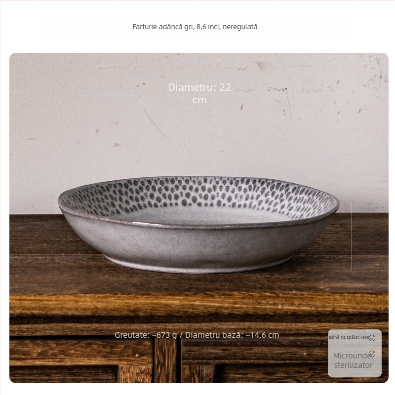 Farfurie adâncă din porțelan, rotundă, stil retro, potrivită pentru microunde, suprafață glazată