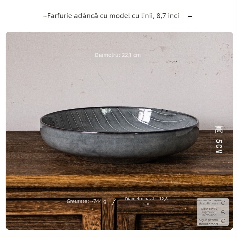 Farfurie adâncă din porțelan, rotundă, stil retro, potrivită pentru microunde, suprafață glazată