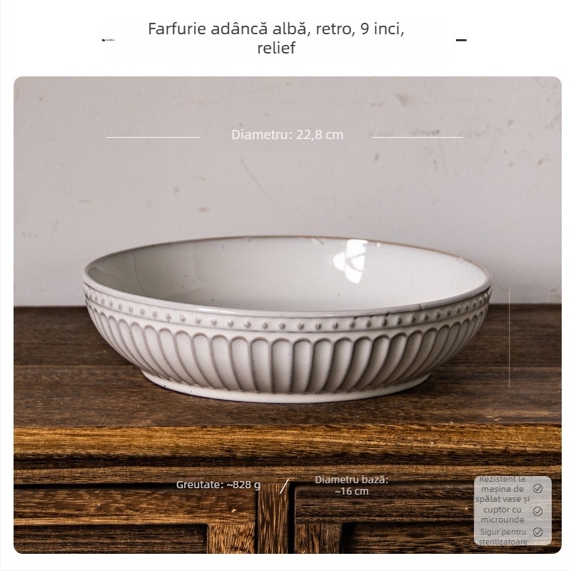 Farfurie adâncă din porțelan, rotundă, stil retro, potrivită pentru microunde, suprafață glazată