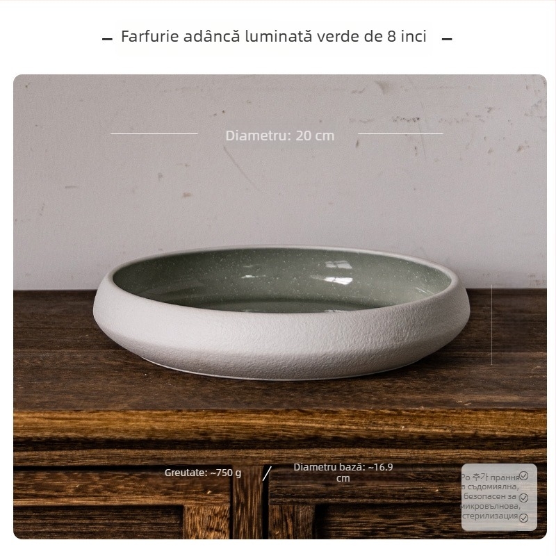 Farfurie adâncă din porțelan, rotundă, stil retro, potrivită pentru microunde, suprafață glazată