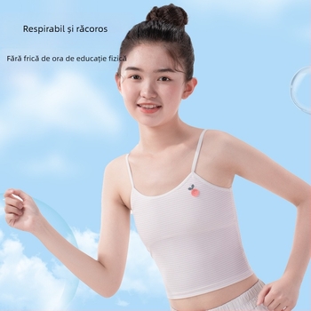 Sutien de antrenament pentru fete în faza de dezvoltare – bază poliester, cupă turnată completă cu căptușeală din bumbac, bretele fixe în două rânduri, respirabil și absorbant de transpirație