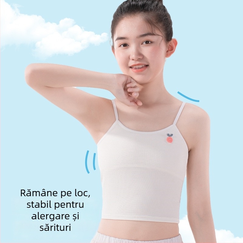 Sutien de antrenament pentru fete în faza de dezvoltare – bază poliester, cupă turnată completă cu căptușeală din bumbac, bretele fixe în două rânduri, respirabil și absorbant de transpirație