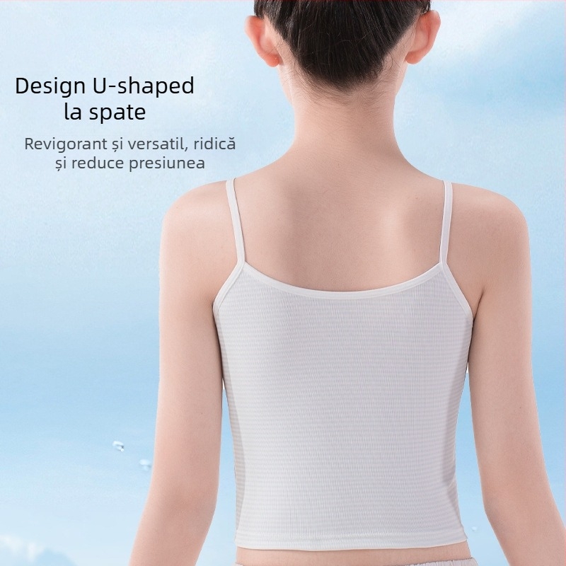 Sutien de antrenament pentru fete în faza de dezvoltare – bază poliester, cupă turnată completă cu căptușeală din bumbac, bretele fixe în două rânduri, respirabil și absorbant de transpirație