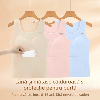 Vestă termică pentru fete, fără cusături, protecție pentru burtă; 91% poliester, 4,5% elastan, 2,5% viscose, 1% lână, 1% mătase de dud; pentru copii și adolescenți 8+ ani (peste 140 cm)