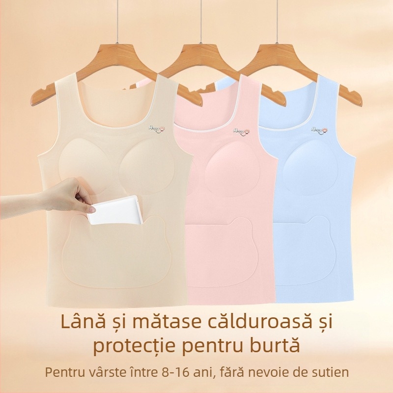 Vestă termică pentru fete, fără cusături, protecție pentru burtă; 91% poliester, 4,5% elastan, 2,5% viscose, 1% lână, 1% mătase de dud; pentru copii și adolescenți 8+ ani (peste 140 cm)
