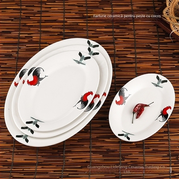 Rooster Series farfurie ovală din ceramică pentru pește - formă neregulată, model floral, compatibil cu microunde, veselă pentru hoteluri și restaurante, Yahipai