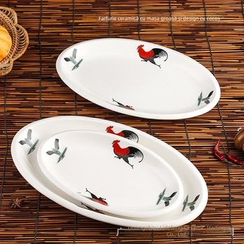 Rooster Series farfurie ovală din ceramică pentru pește - formă neregulată, model floral, compatibil cu microunde, veselă pentru hoteluri și restaurante, Yahipai