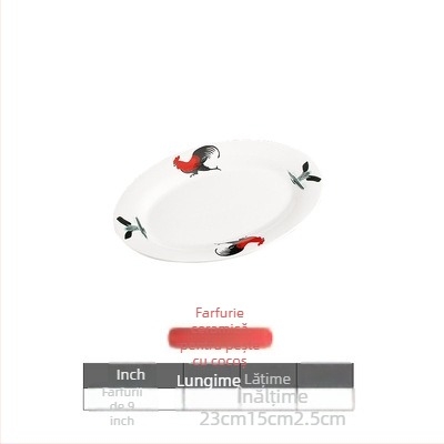 Rooster Series farfurie ovală din ceramică pentru pește - formă neregulată, model floral, compatibil cu microunde, veselă pentru hoteluri și restaurante, Yahipai