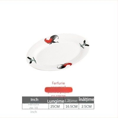 Rooster Series farfurie ovală din ceramică pentru pește - formă neregulată, model floral, compatibil cu microunde, veselă pentru hoteluri și restaurante, Yahipai