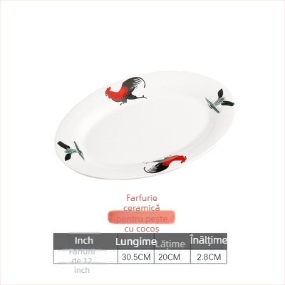 Rooster Series farfurie ovală din ceramică pentru pește - formă neregulată, model floral, compatibil cu microunde, veselă pentru hoteluri și restaurante, Yahipai