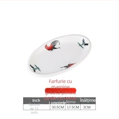 Rooster Series farfurie ovală din ceramică pentru pește - formă neregulată, model floral, compatibil cu microunde, veselă pentru hoteluri și restaurante, Yahipai