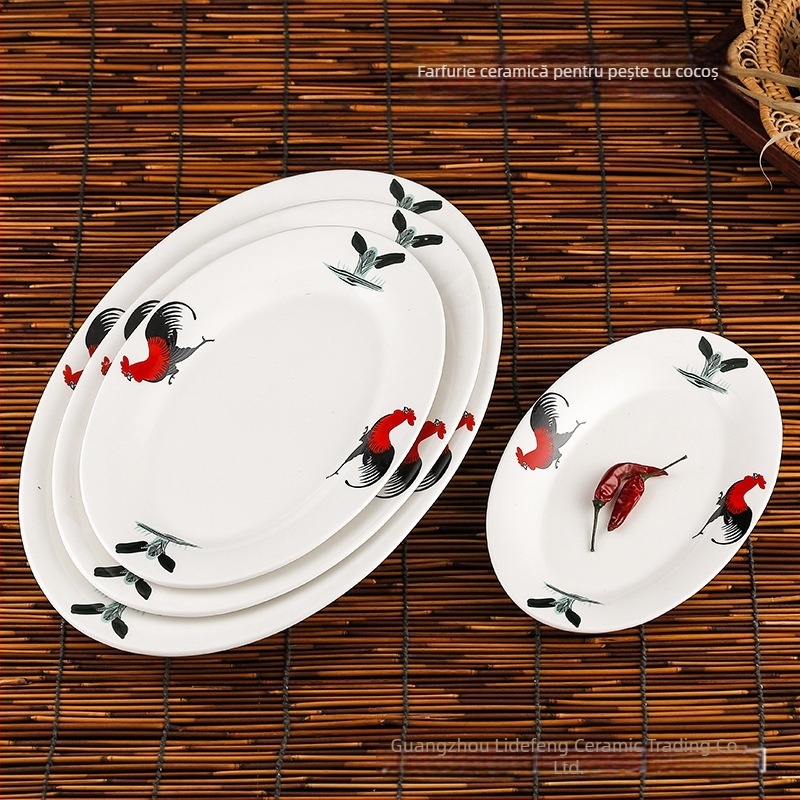 Rooster Series farfurie ovală din ceramică pentru pește - formă neregulată, model floral, compatibil cu microunde, veselă pentru hoteluri și restaurante, Yahipai