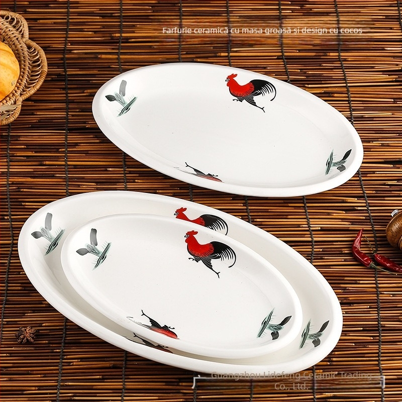 Rooster Series farfurie ovală din ceramică pentru pește - formă neregulată, model floral, compatibil cu microunde, veselă pentru hoteluri și restaurante, Yahipai