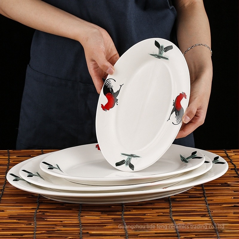 Rooster Series farfurie ovală din ceramică pentru pește - formă neregulată, model floral, compatibil cu microunde, veselă pentru hoteluri și restaurante, Yahipai