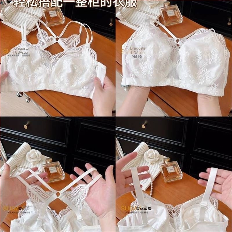 Sutien din dantelă cu bretele detașabile duble, cupe subțiri, spate frumos, închidere pe spate cu un singur rând de cârlige