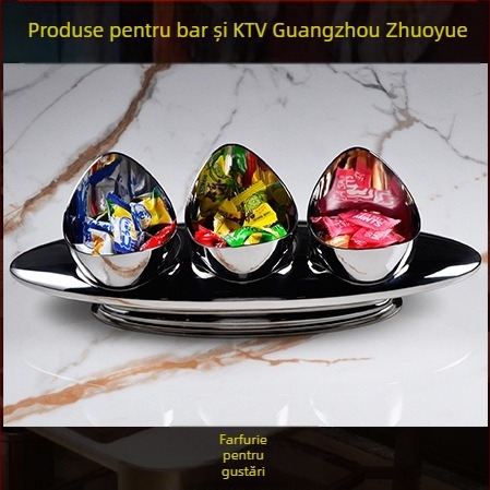 Set din oțel inoxidabil pentru servire la hotel – finisaj lustruit, stil chinezesc; accesorii bar/noapte club: farfurie pentru fructe, scrumieră, găleată pentru gheață