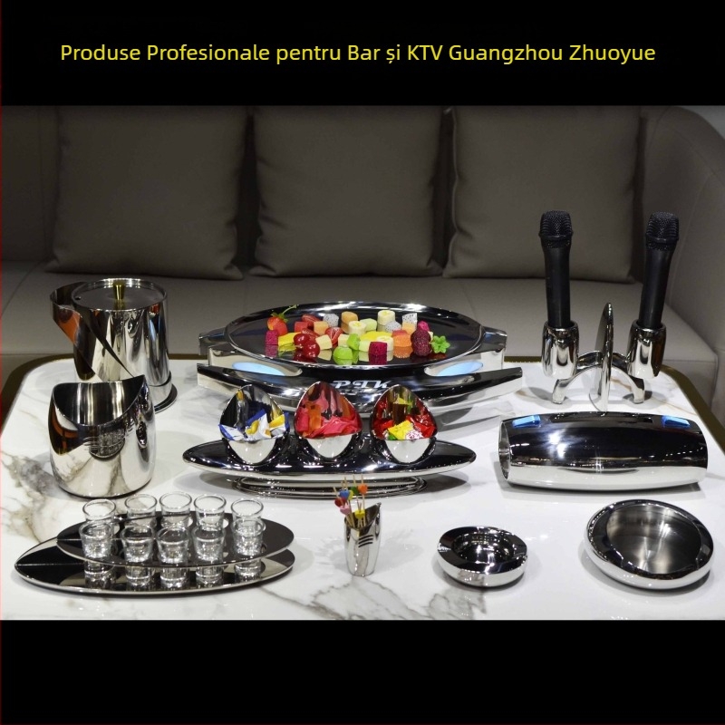 Set din oțel inoxidabil pentru servire la hotel – finisaj lustruit, stil chinezesc; accesorii bar/noapte club: farfurie pentru fructe, scrumieră, găleată pentru gheață