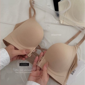 Sutien cu închidere frontală dublă, decolteu adânc în V, cupe 3/4, susținere laterală, material nylon, respirabil, fără cusături