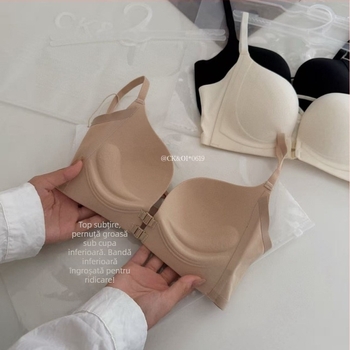Sutien cu închidere frontală dublă, decolteu adânc în V, cupe 3/4, susținere laterală, material nylon, respirabil, fără cusături