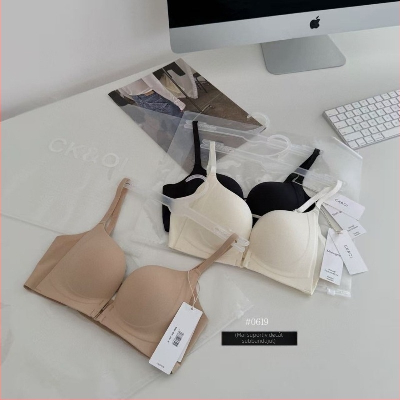 Sutien cu închidere frontală dublă, decolteu adânc în V, cupe 3/4, susținere laterală, material nylon, respirabil, fără cusături