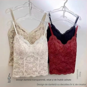 Camisolă din dantelă în stil franțuzesc, cu cupă 3/4, cupe din burete, bretele fixe