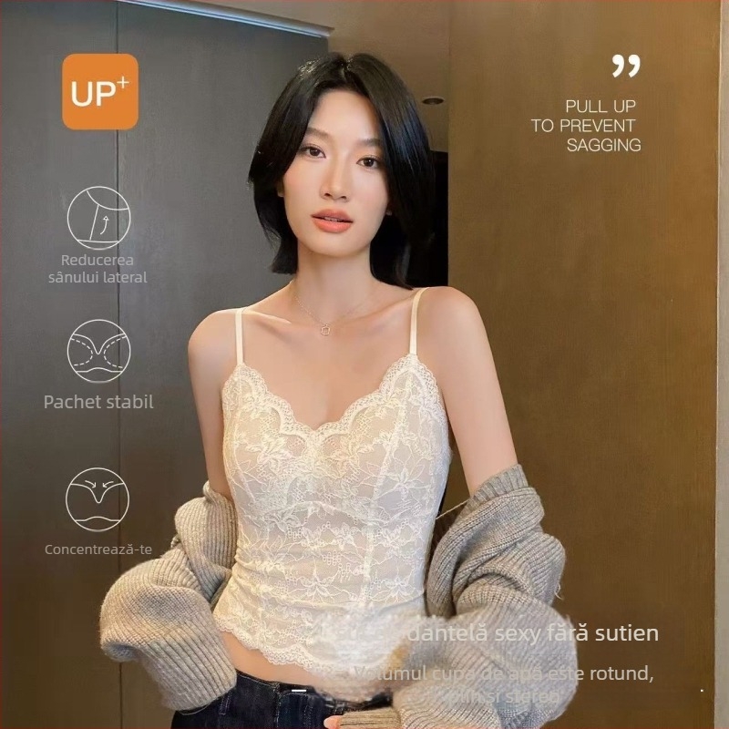 Camisolă din dantelă în stil franțuzesc, cu cupă 3/4, cupe din burete, bretele fixe