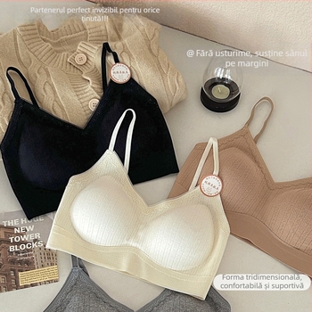 Sutien din bumbac fără cusături, dantelă, decolteu în V, fără bretele, cupă 3/4, cupe subțiri