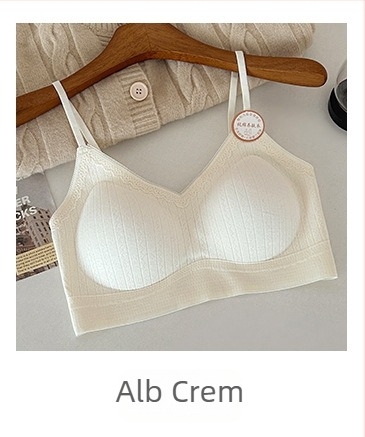 Sutien din bumbac fără cusături, dantelă, decolteu în V, fără bretele, cupă 3/4, cupe subțiri