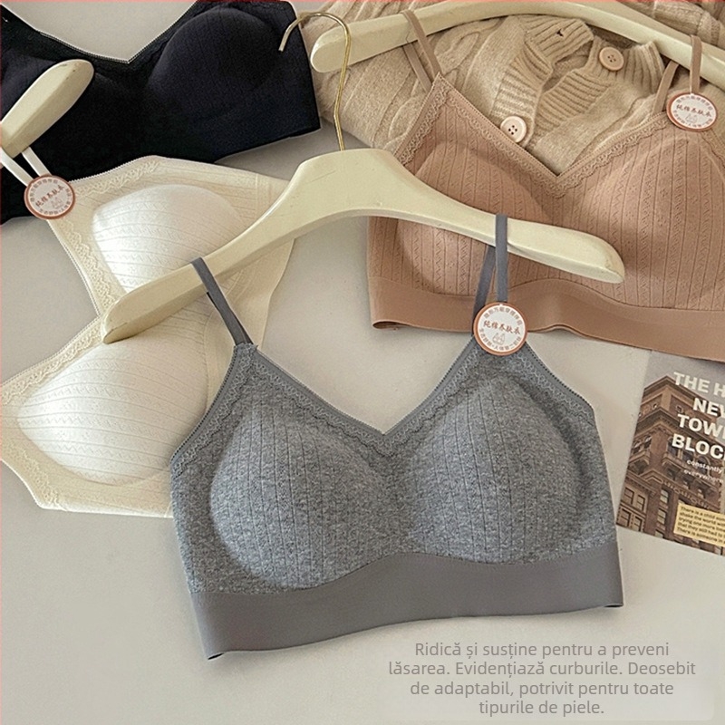 Sutien din bumbac fără cusături, dantelă, decolteu în V, fără bretele, cupă 3/4, cupe subțiri