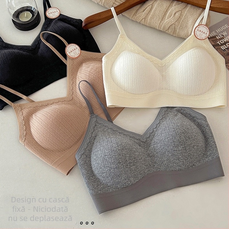 Sutien din bumbac fără cusături, dantelă, decolteu în V, fără bretele, cupă 3/4, cupe subțiri