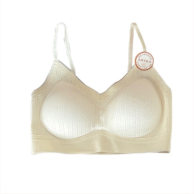 Sutien din bumbac fără cusături, dantelă, decolteu în V, fără bretele, cupă 3/4, cupe subțiri